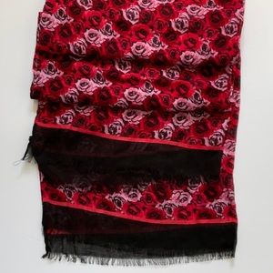 Red Pink Black Scarf Roses Fringe Mint Condition